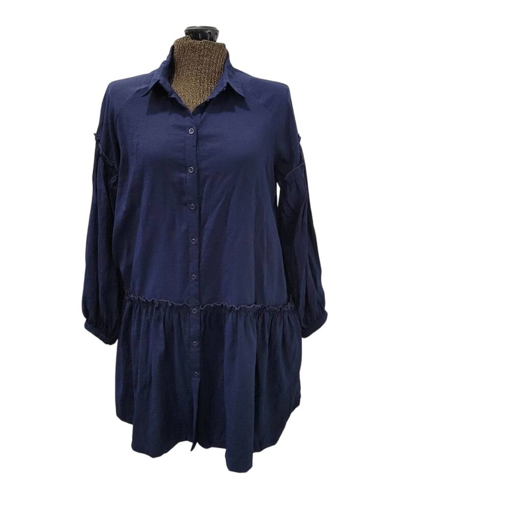 Free People Marvelous Mia solid Navy Blue drop waist Mini Shirtdress Size Small